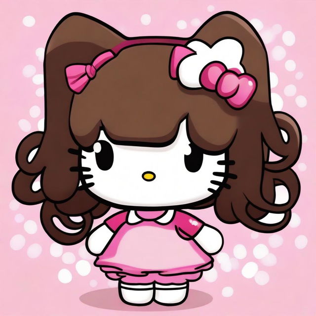 A depiction of the Hello Kitty character with long curly dark brown hair