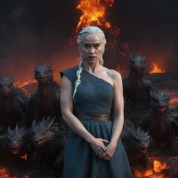 An angry Daenerys Targaryen with baby dragons, set against a dark backdrop of vivid lava flows and scorched earth