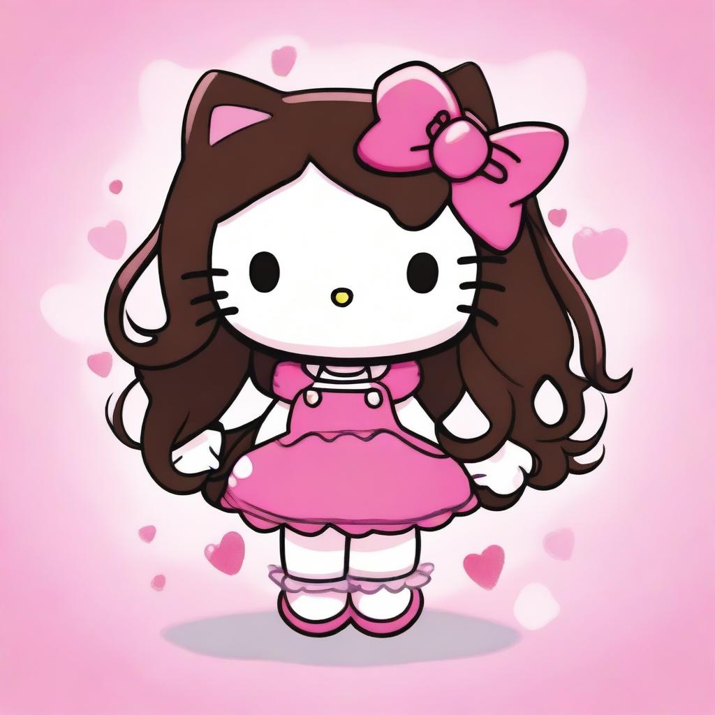 A depiction of the Hello Kitty character with long curly dark brown hair