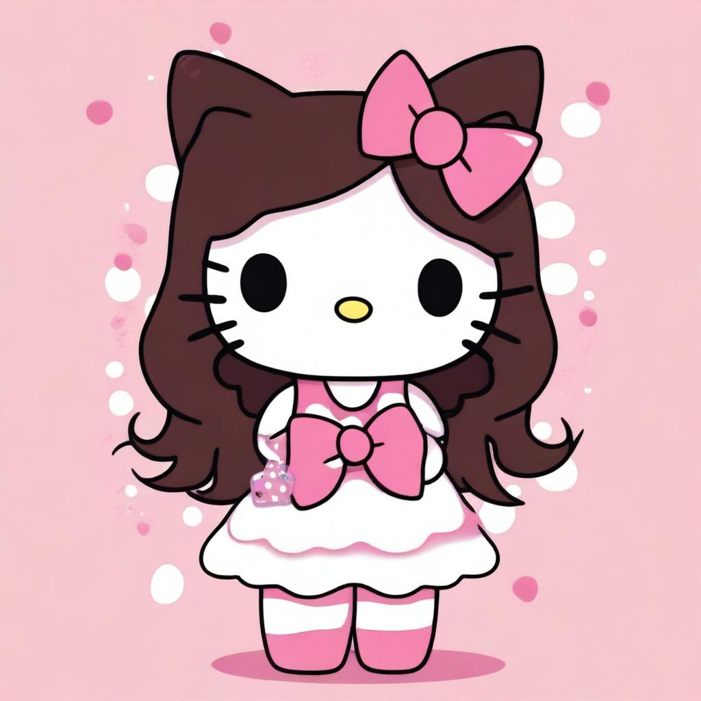 A depiction of the Hello Kitty character with long curly dark brown hair