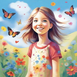 A detailed and vibrant illustration of a young girl with a joyful expression, standing in a beautiful meadow filled with colorful flowers and butterflies under a bright blue sky