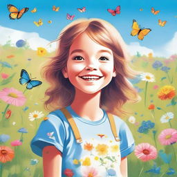 A detailed and vibrant illustration of a young girl with a joyful expression, standing in a beautiful meadow filled with colorful flowers and butterflies under a bright blue sky