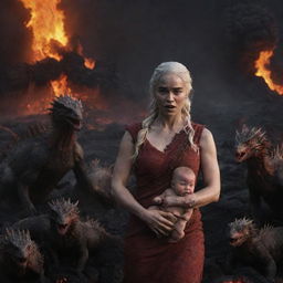 An angry Daenerys Targaryen with baby dragons, set against a dark backdrop of vivid lava flows and scorched earth