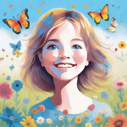 A detailed and vibrant illustration of a young girl with a joyful expression, standing in a beautiful meadow filled with colorful flowers and butterflies under a bright blue sky