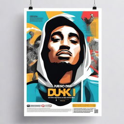 Create a poster featuring an image of Duki, the famous Argentine rapper, with a title that says 'Duki: His journey in life'