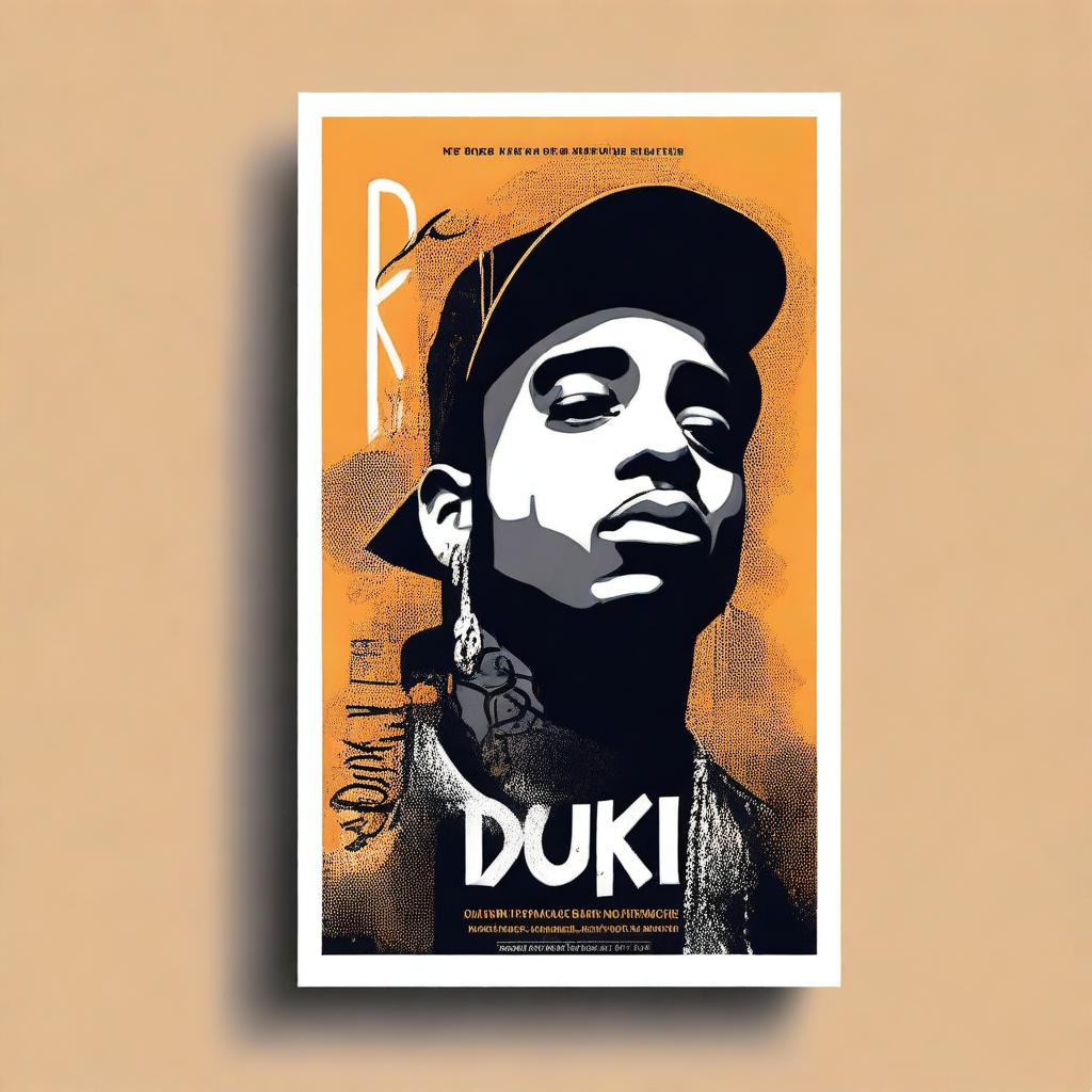 Create a poster featuring an image of Duki, the famous Argentine rapper, with a title that says 'Duki: His journey in life'