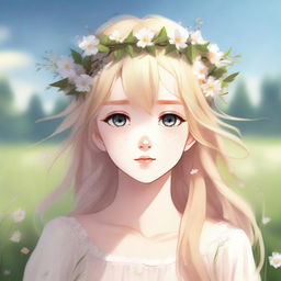 A beautiful blonde Latvian anime girl wearing a delicate flower crown