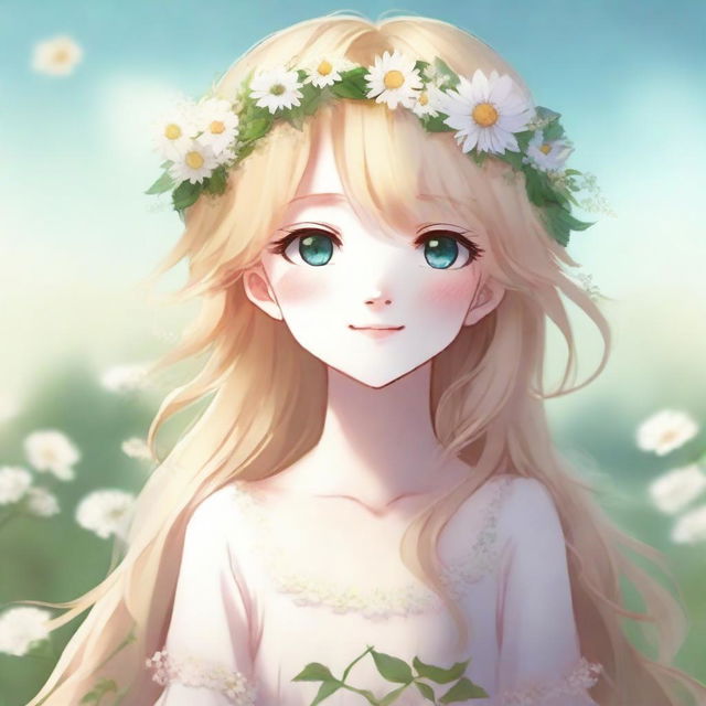 A beautiful blonde Latvian anime girl wearing a delicate flower crown