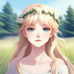 A beautiful blonde Latvian anime girl wearing a delicate flower crown