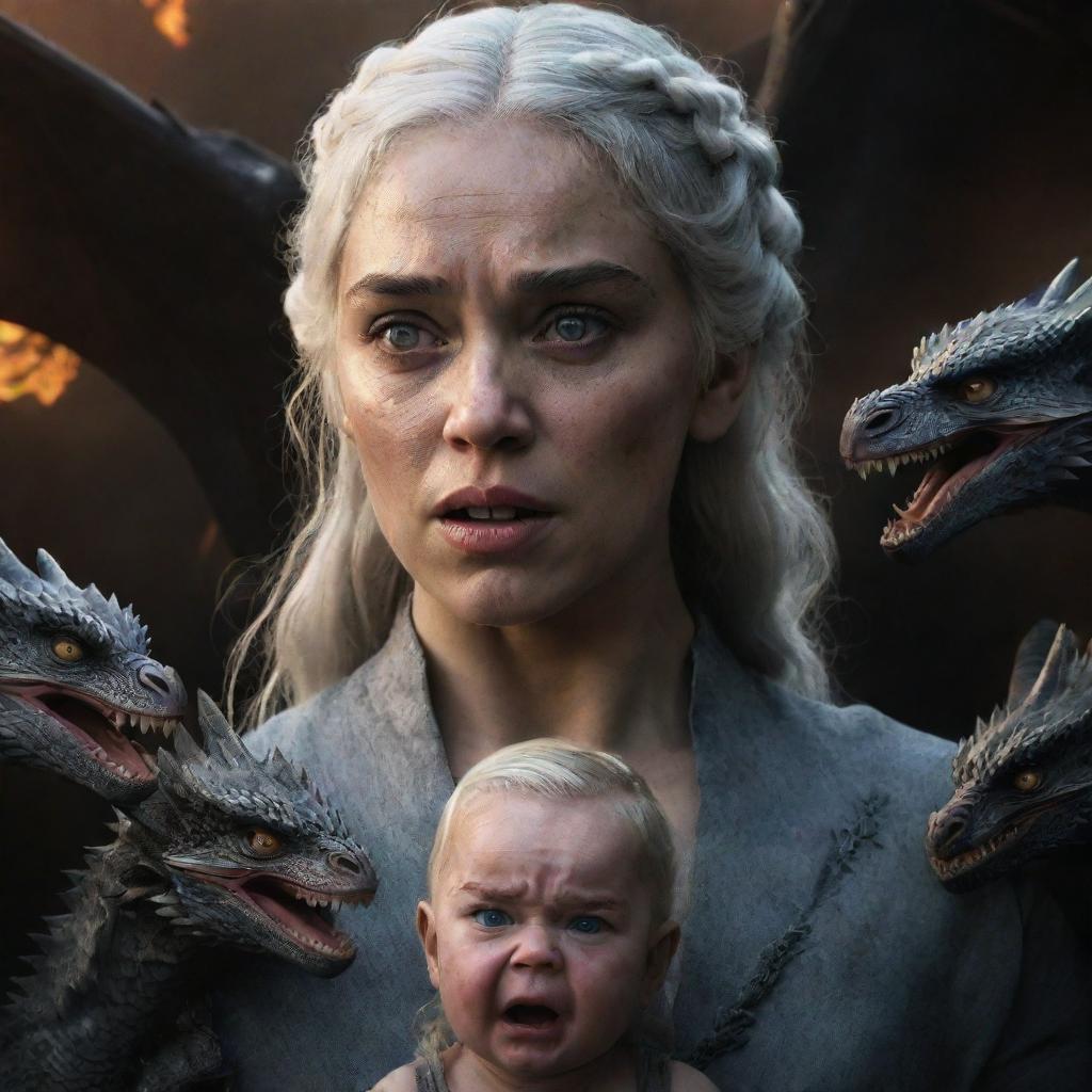 A realistic depiction of an angry Daenerys Targaryen from Game of Thrones, accompanied by baby dragons, against a dark, brooding background