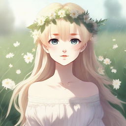 A beautiful blonde Latvian anime girl wearing a delicate flower crown