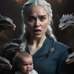 A realistic depiction of an angry Daenerys Targaryen from Game of Thrones, accompanied by baby dragons, against a dark, brooding background