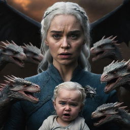 A realistic depiction of an angry Daenerys Targaryen from Game of Thrones, accompanied by baby dragons, against a dark, brooding background