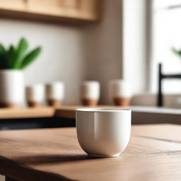 A simple, elegant white ceramic cup placed on a wooden table