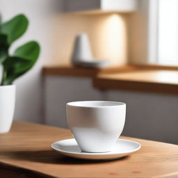 A simple, elegant white ceramic cup placed on a wooden table