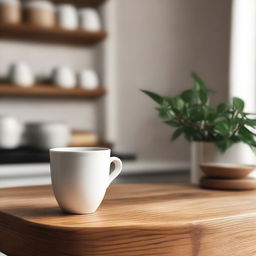 A simple, elegant white ceramic cup placed on a wooden table