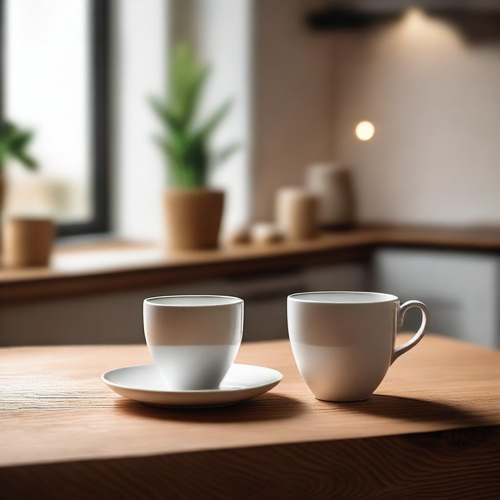 A simple, elegant white ceramic cup placed on a wooden table