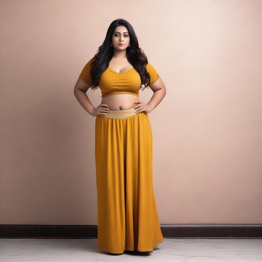 A beautiful young Indian girl with a curvy figure, standing confidently