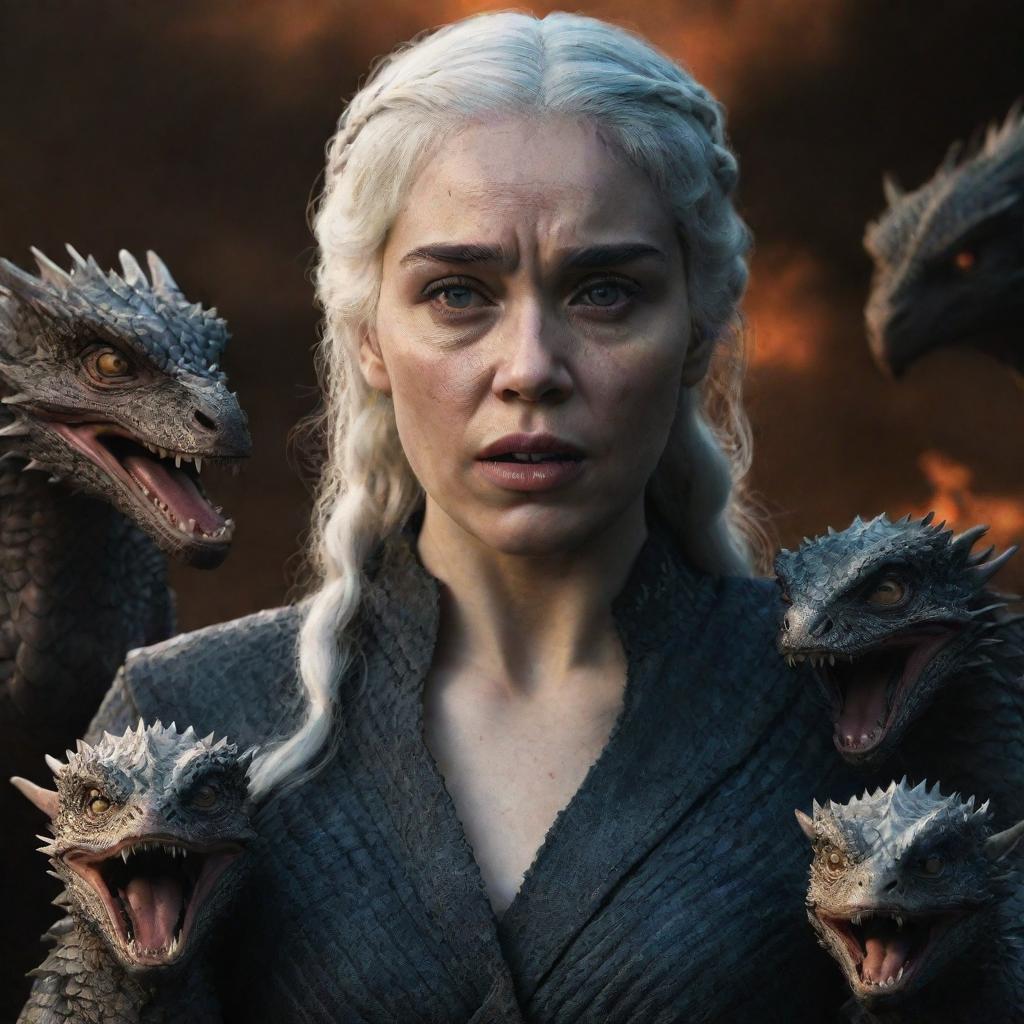 A realistic depiction of an angry Daenerys Targaryen from Game of Thrones, accompanied by baby dragons, against a dark, brooding background