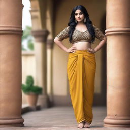 A beautiful young Indian girl with a curvy figure, standing confidently