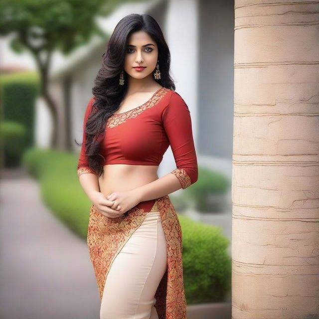 A beautiful young Indian girl with a curvy figure, standing confidently