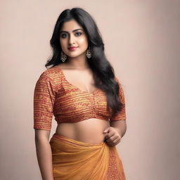 A beautiful young Indian girl with a curvy figure, standing confidently