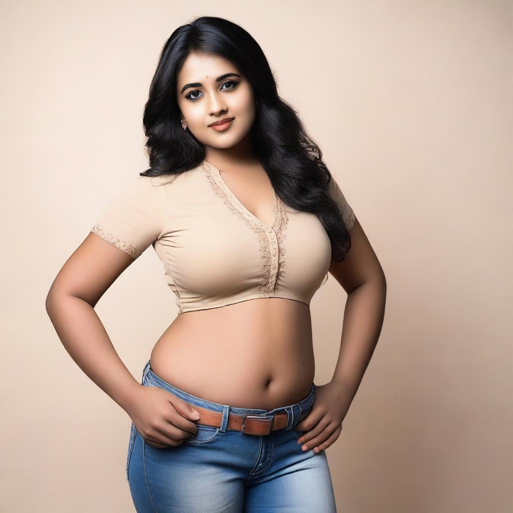 A beautiful young Indian girl with a curvy figure, standing confidently