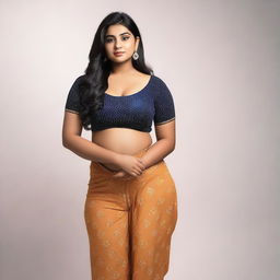 A beautiful young Indian girl with a curvy figure, standing confidently