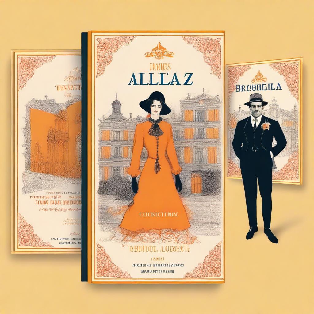 Create a book cover set in 1920s Galicia, featuring a traditional Galician manor (pazo) with an orange background