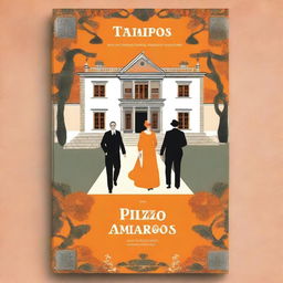 Create a book cover set in 1920s Galicia, featuring a traditional Galician manor (pazo) with an orange background