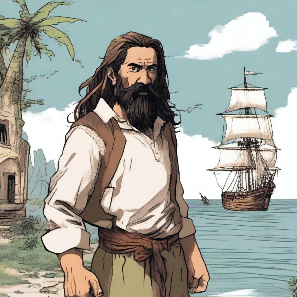 A character named Marcos, aged 45, with long hair tied back, and a long beard and mustache