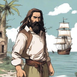 A character named Marcos, aged 45, with long hair tied back, and a long beard and mustache