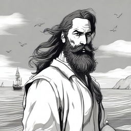 A character named Marcos, aged 45, with long hair tied back, and a long beard and mustache