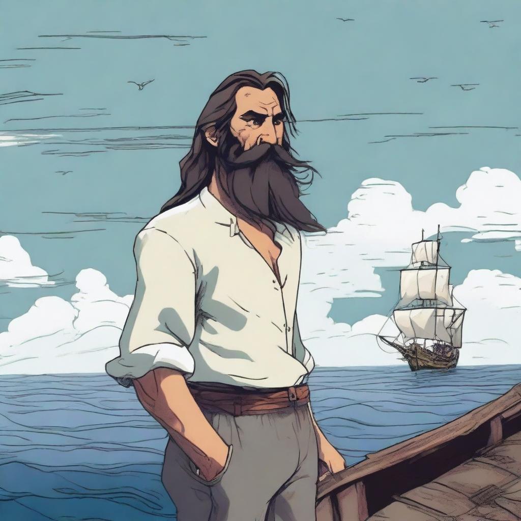 A character named Marcos, aged 45, with long hair tied back, and a long beard and mustache