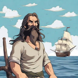 A character named Marcos, aged 45, with long hair tied back, and a long beard and mustache