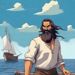 A character named Marcos, aged 45, with long hair tied back, and a long beard and mustache