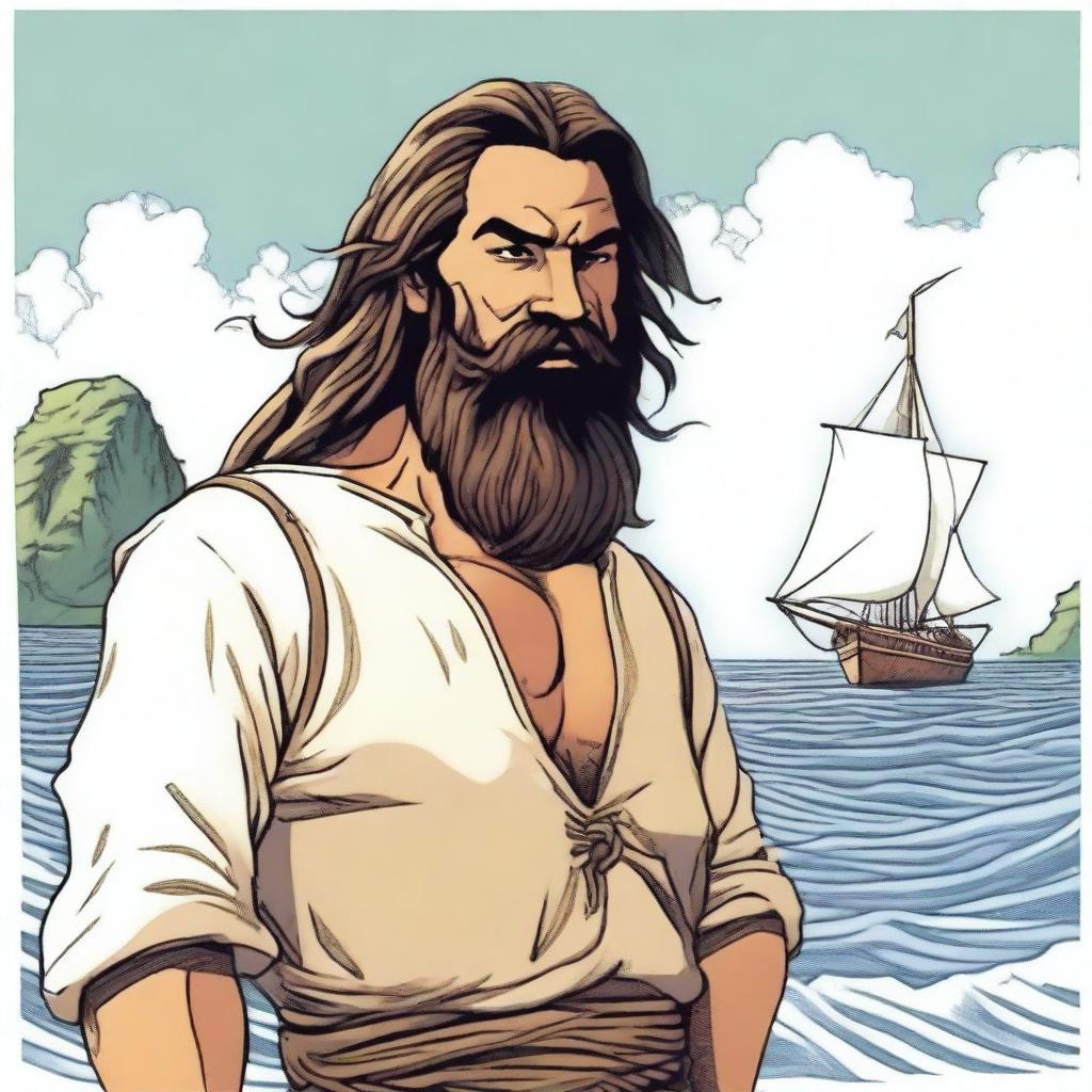 A character named Marcos, aged 45, with long hair tied back, and a long beard and mustache