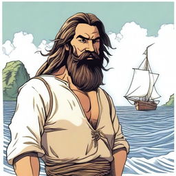 A character named Marcos, aged 45, with long hair tied back, and a long beard and mustache