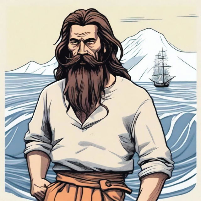 A character named Marcos, aged 45, with long hair tied back, and a long beard and mustache