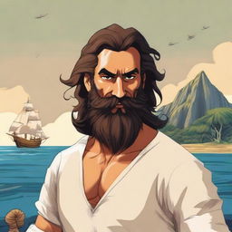 A character named Marcos, aged 45, with long hair tied back, and a long beard and mustache