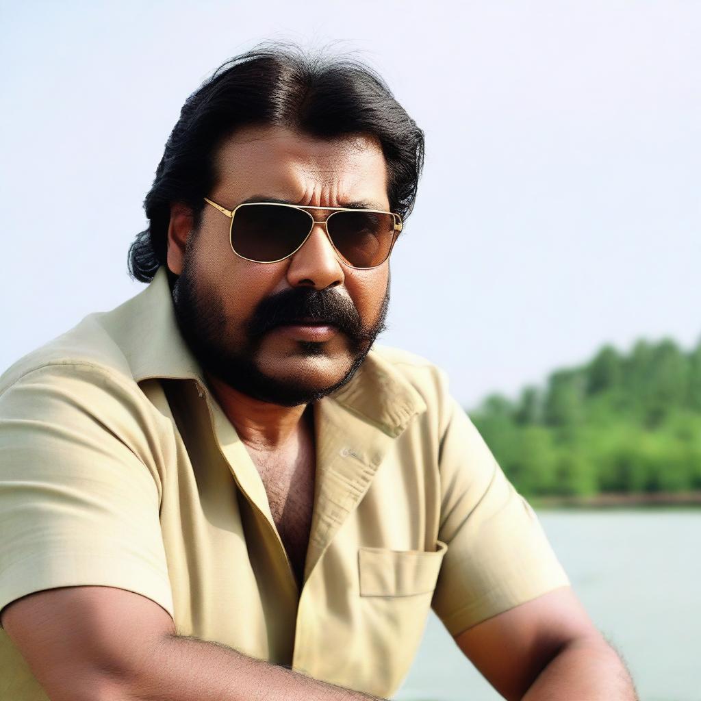 Malayalam actor Mammootty, aged 45, with long hair tied back, and a long beard and mustache