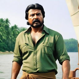 Malayalam actor Mammootty, aged 45, with long hair tied back, and a long beard and mustache