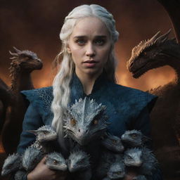 A realistic rendition of Daenerys Targaryen from Game of Thrones with dragon hatchlings, set against a dark, dramatic backdrop