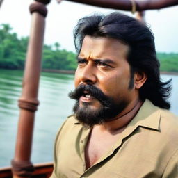 Malayalam actor Mammootty, aged 45, with long hair tied back, and a long beard and mustache