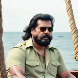 Malayalam actor Mammootty, with long hair tied back, and a long beard and mustache, sailing towards an island