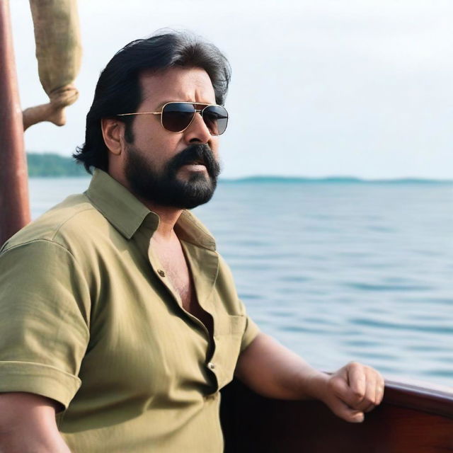 Malayalam actor Mammootty, with long hair tied back, and a long beard and mustache, sailing towards an island