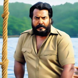 Malayalam actor Mammootty, with long hair tied back, and a long beard and mustache, sailing towards an island