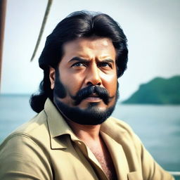 Malayalam actor Mammootty, with long hair tied back, and a long beard and mustache, sailing towards an island