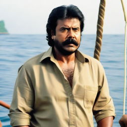 Malayalam actor Mammootty, with long hair tied back, and a long beard and mustache, sailing towards an island