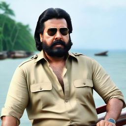 Malayalam actor Mammootty, with long hair tied back, and a long beard and mustache, sailing towards an island